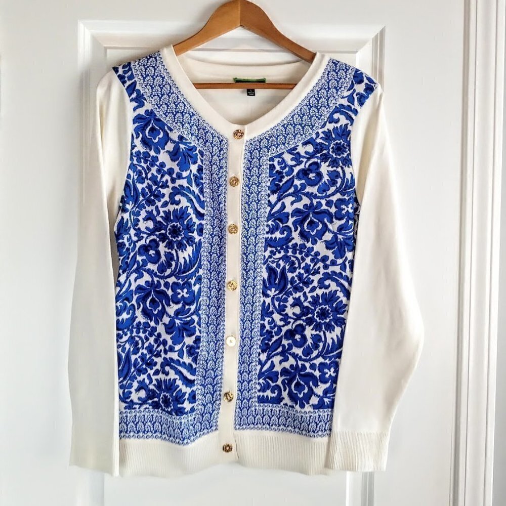 C Wonder Cream Blue Black Floral Cardigan NWOT